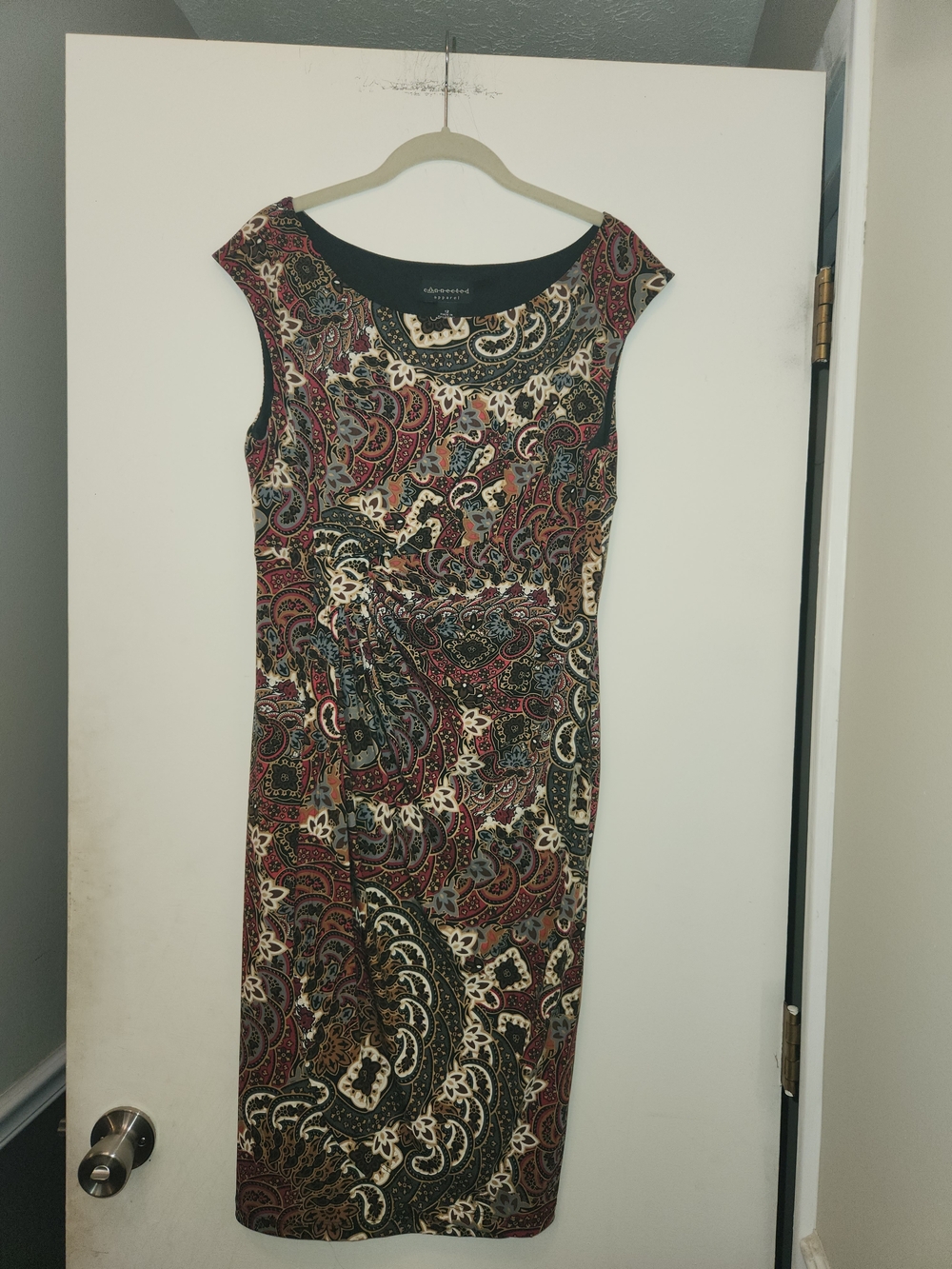 connected apparel Burgundy Black Cream Paisley Sheath Dress with Side Twist 12